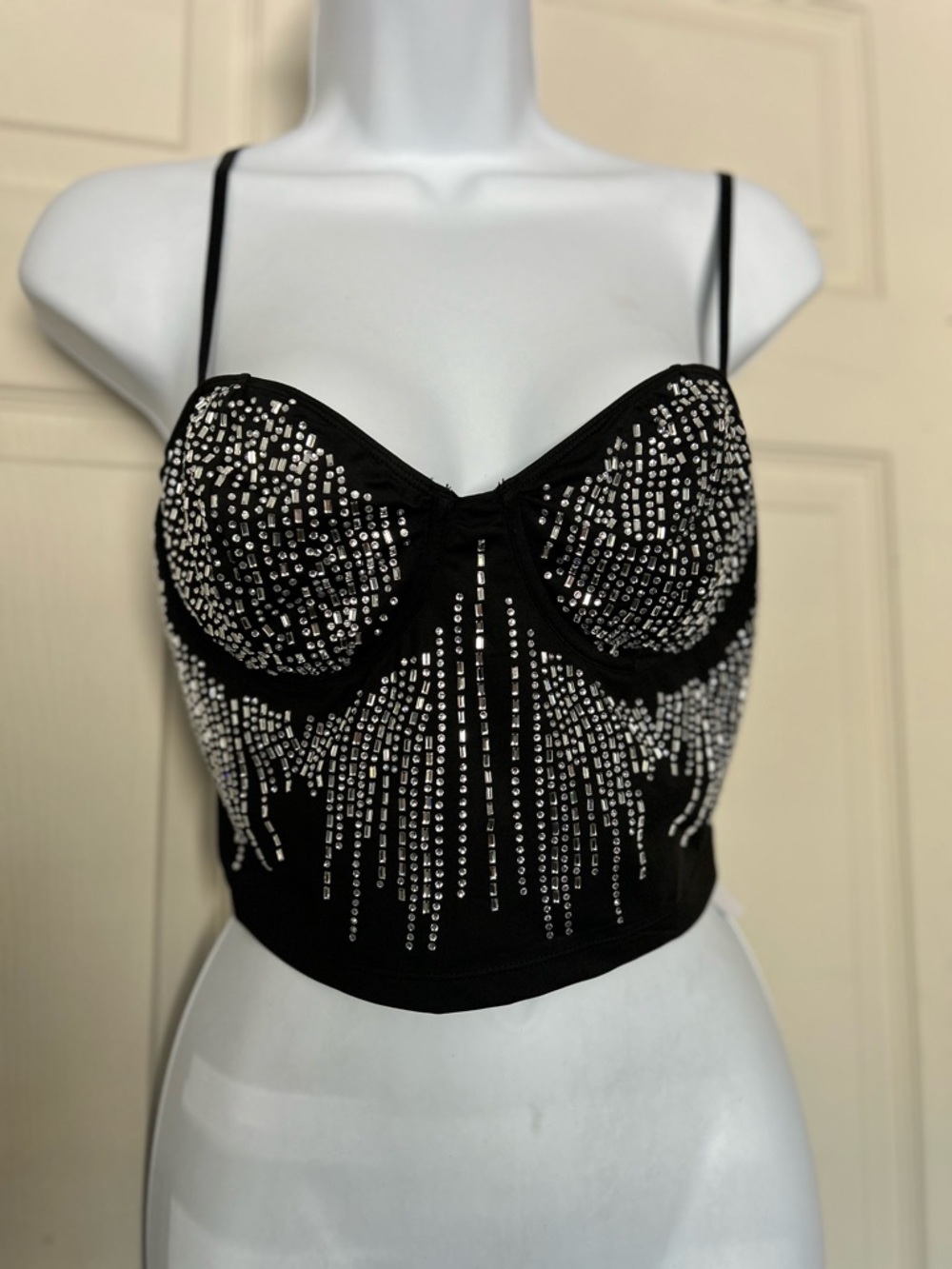 New Embellished Black Rhinestone Bustier Crop Top